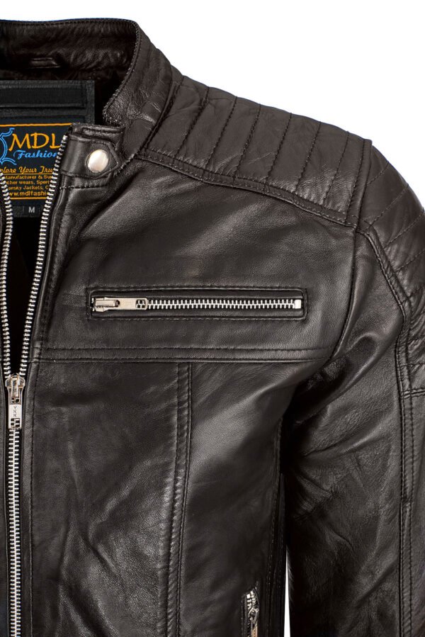 DSC_7151 Men Leather Jacket Motorcycle Cafe Racer Slim Fit Black Lambskin Leather Jacket