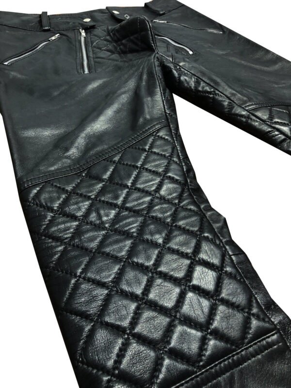 Black Real Leather Quilted Pants Motorbike Biker Rider Jeans Style Gay Pants