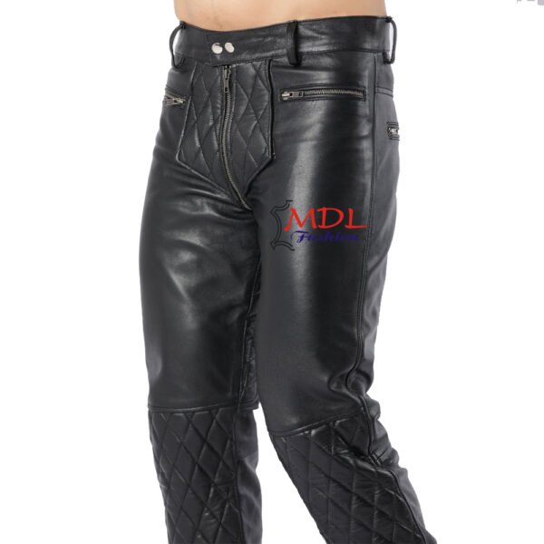 Black Real Leather Pants Quilted Pants Gay Zipper Pants