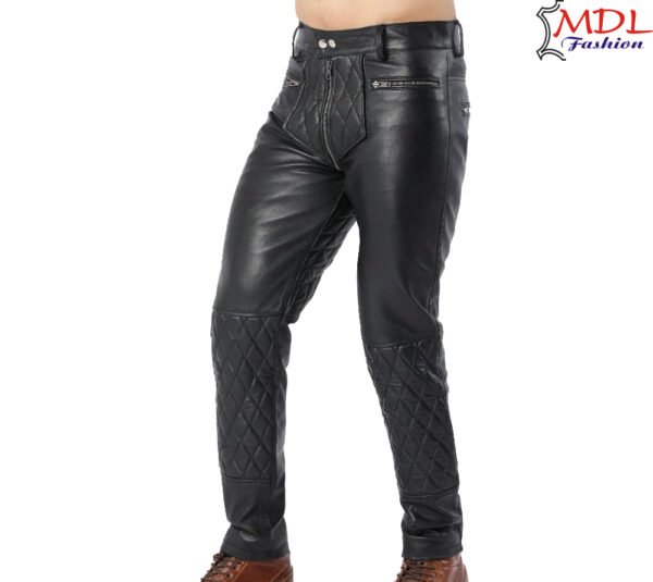 Black Real Leather Pants Quilted Pants Gay Zipper Pants