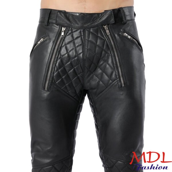 Black Real Leather Pants Quilted Pants Gay Zipper Pants