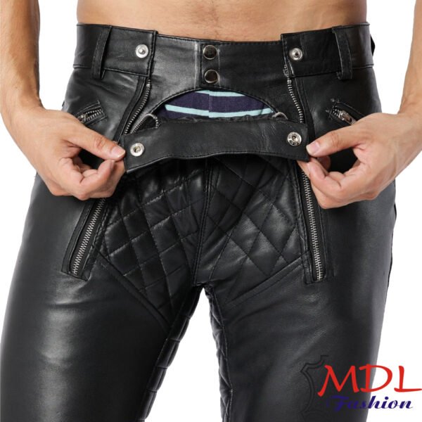 Black Real Leather Pants Quilted Pants Gay Zipper Pants