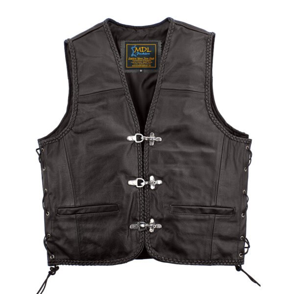 Men Motorcycle Leather Vest Carabiners Closure Side Laced