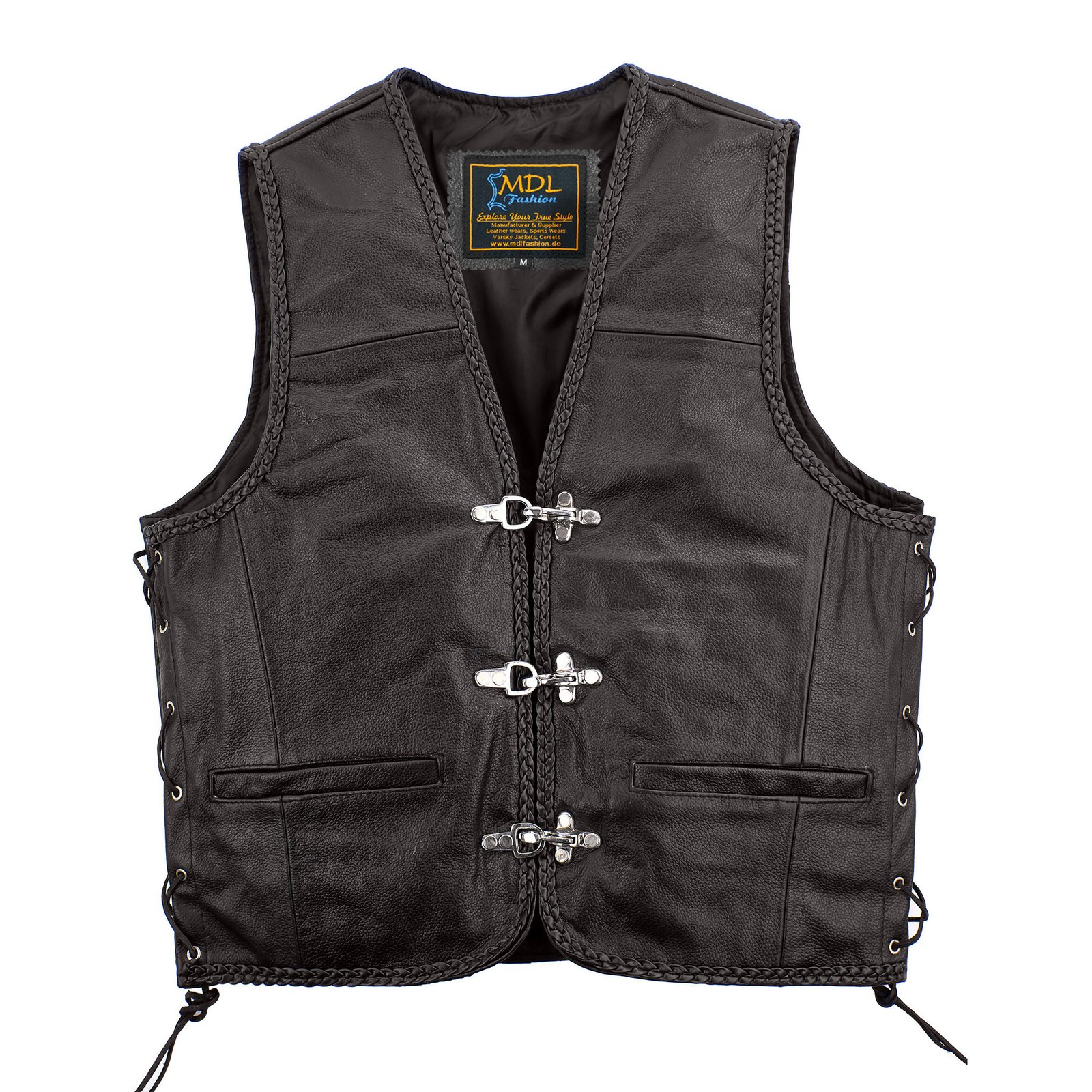 Men Motorcycle Leather Vest Carabiners Closure Side Laced