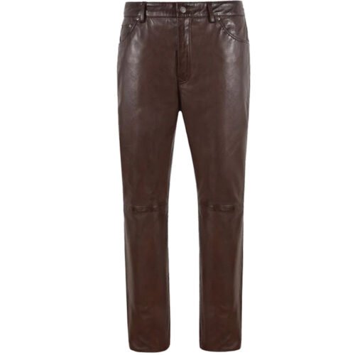 Men 501 Chocolate Brown Leather Biker Motorcycle Jeans Slim Fit Pants Trousers Real Leather Pant 5 Pocket