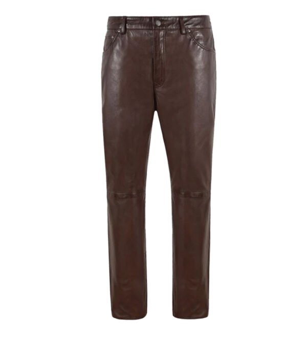 Men 501 Chocolate Brown Leather Biker Motorcycle Jeans Slim Fit Pants Trousers Real Leather Pant 5 Pocket