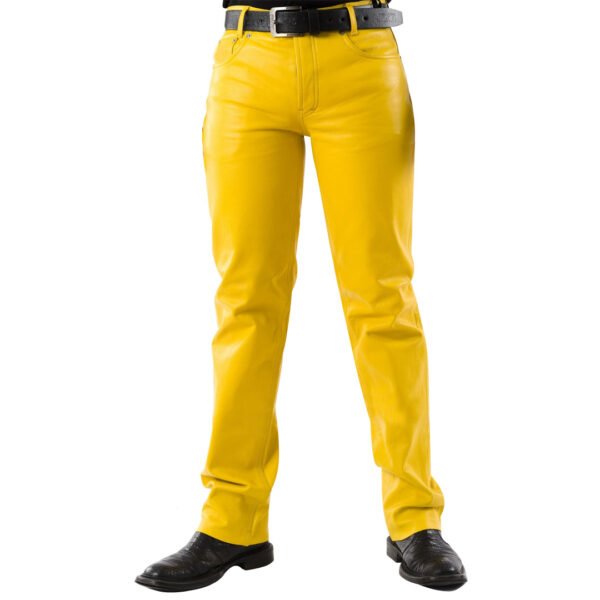 Men 501 Yellow Leather Biker Motorcycle Jeans Pants Trousers Real Leather Pant 5 Pocket