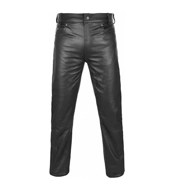 P1-black Men 501 Leather Biker Motorcycle Jeans Pants Trousers Real Leather Pant 5 Pocket