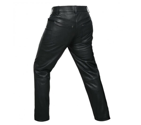 P1-black1 Men 501 Leather Biker Motorcycle Jeans Pants Trousers Real Leather Pant 5 Pocket