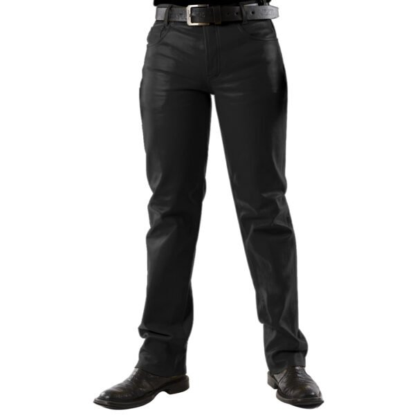 P1-blk Men 501 Leather Biker Motorcycle Jeans Pants Trousers Real Leather Pant 5 Pocket