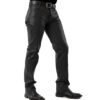 P1-blk1 Men 501 Leather Biker Motorcycle Jeans Pants Trousers Real Leather Pant 5 Pocket