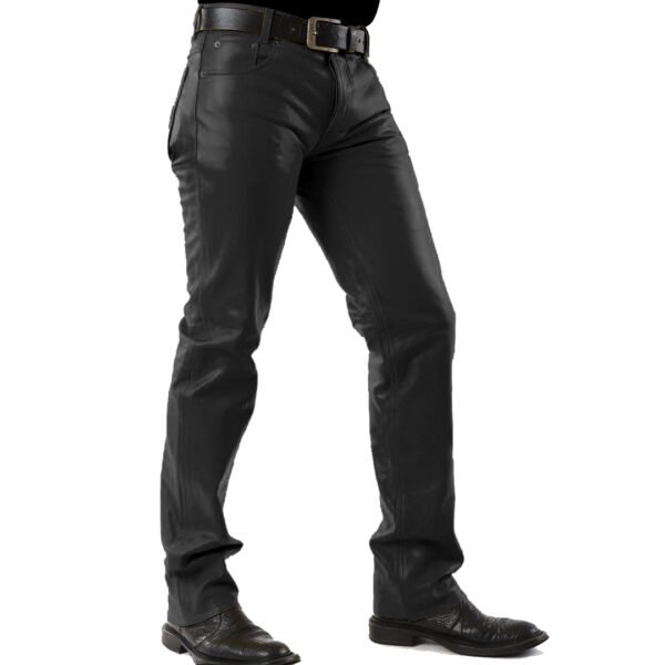 P1-blk1 Men 501 Leather Biker Motorcycle Jeans Pants Trousers Real Leather Pant 5 Pocket
