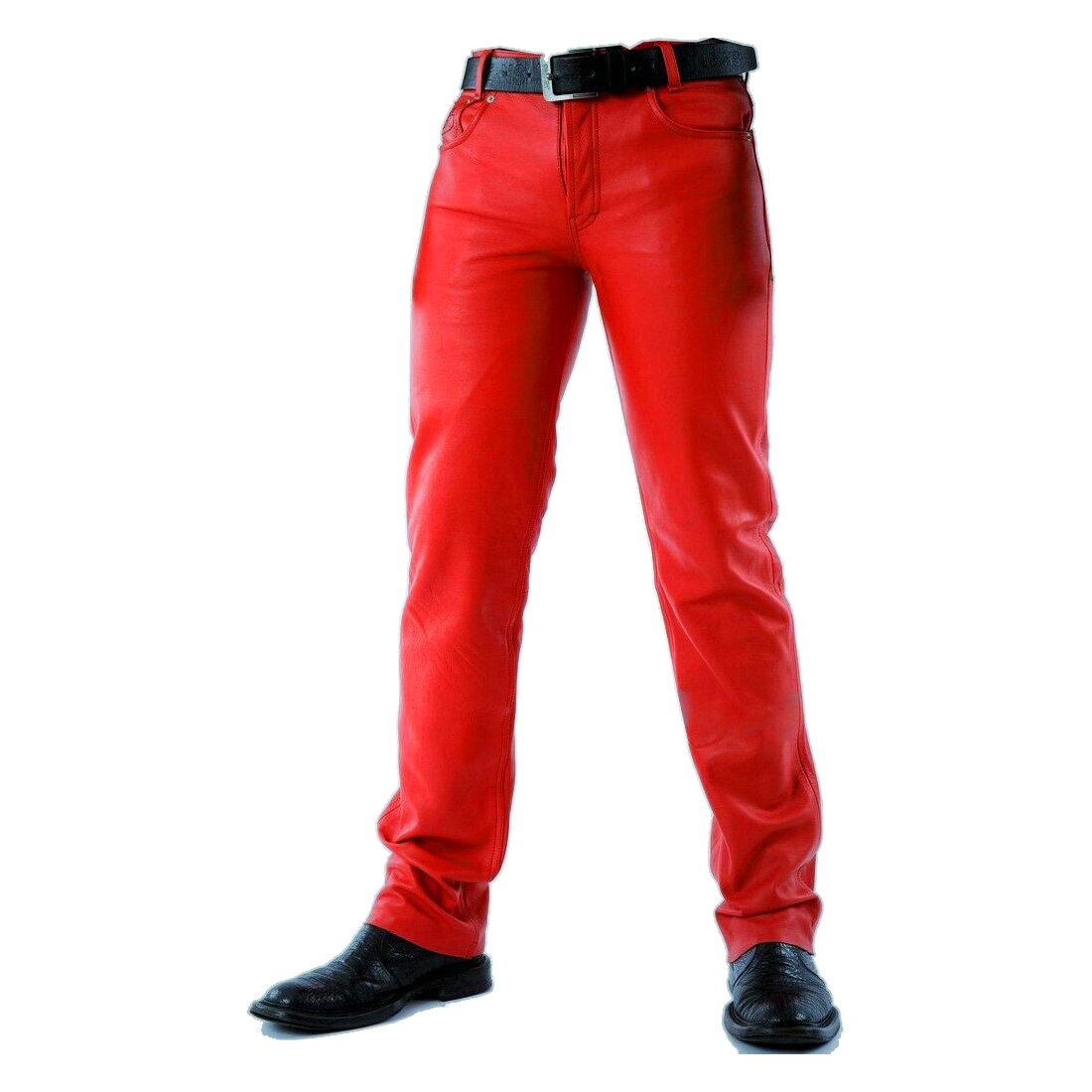 Men 501 Red Leather Biker Motorcycle Jeans Slim Fit Pants Trousers Real Leather Pant 5 Pocket