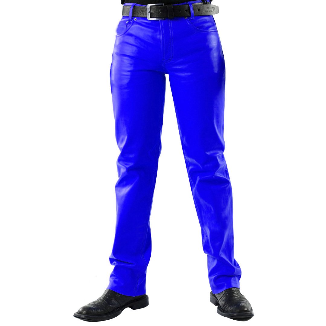 Men 501 Royal Blue Leather Biker Motorcycle Jeans Slim Fit Pants Trousers Real Leather Pant 5 Pocket