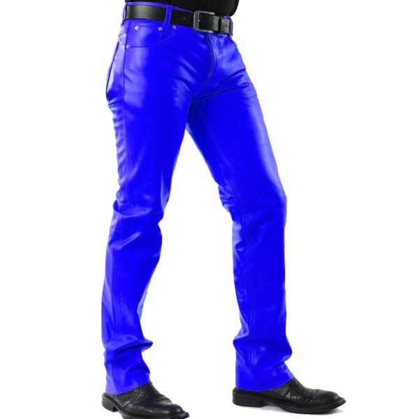 P1-royalblue1 Men 501 Royal Blue Leather Biker Motorcycle Jeans Slim Fit Pants Trousers Real Leather Pant 5 Pocket