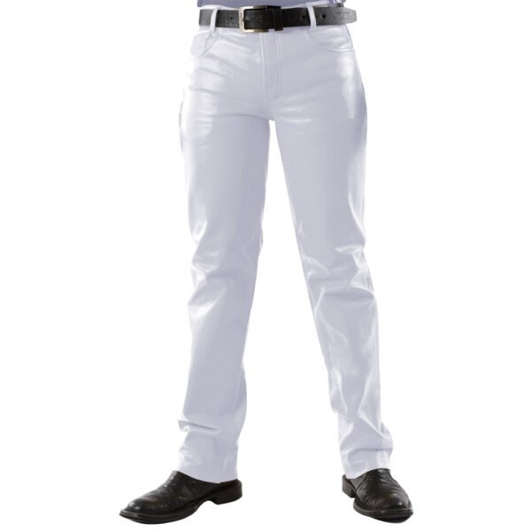 Men 501 White Leather Biker Motorcycle Jeans Slim Fit Pants Trousers Real Leather Pant 5 Pocket