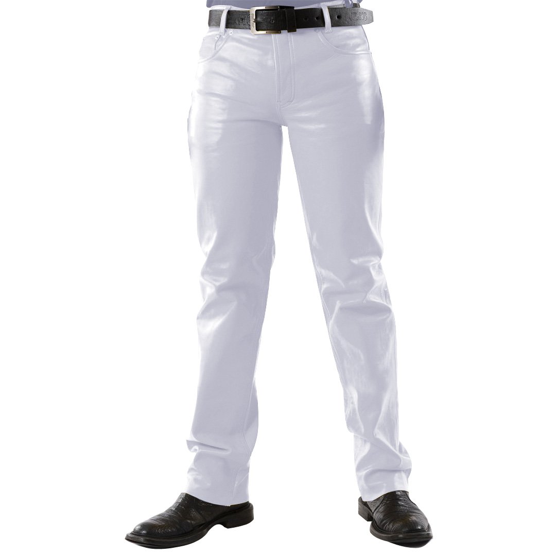 Men 501 White Leather Biker Motorcycle Jeans Slim Fit Pants Trousers Real Leather Pant 5 Pocket