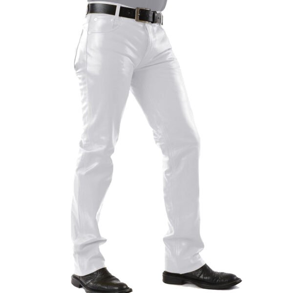 Men 501 White Leather Biker Motorcycle Jeans Slim Fit Pants Trousers Real Leather Pant 5 Pocket