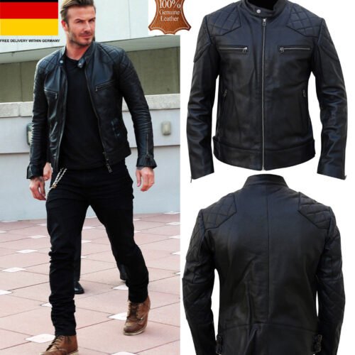 Men's Cafe Racer Slim Fit Jacket David Beckham Black Lambskin Leather Jacket