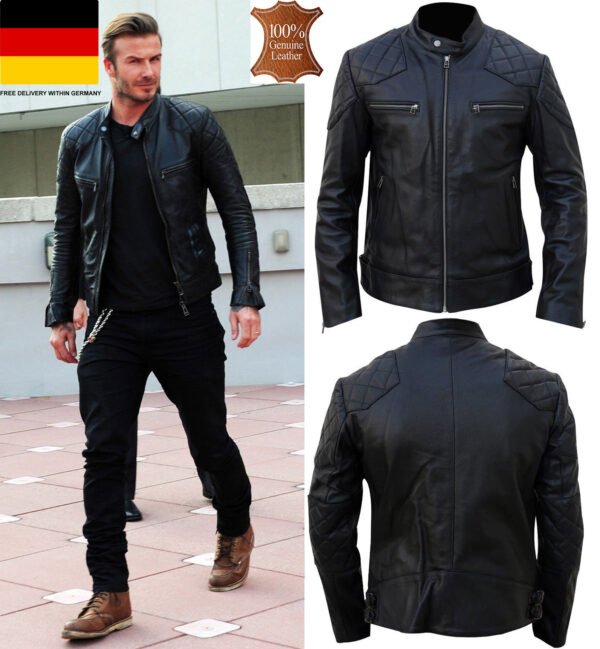 Men's Cafe Racer Slim Fit Jacket David Beckham Black Lambskin Leather Jacket
