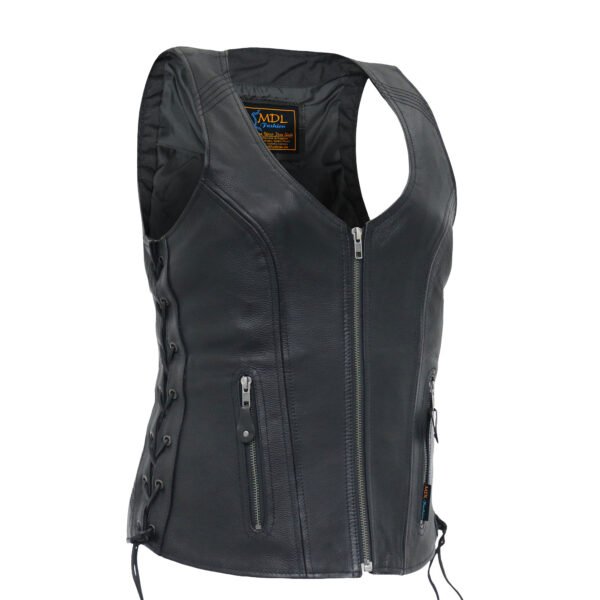 Women's Black Leather Open Neck Motorcycle Rider Vest Front Zip #W2