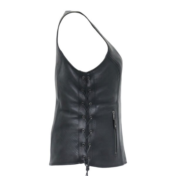Women's Black Leather Open Neck Motorcycle Rider Vest Front Zip #W2