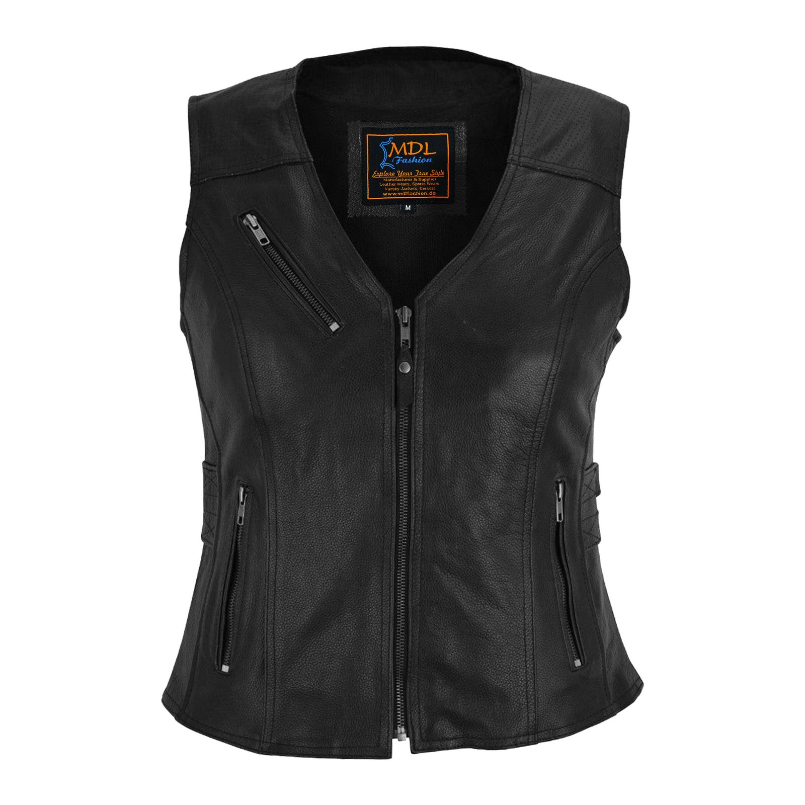 Women's Black Leather Motorcycle Zipper Buckled Vest #W6