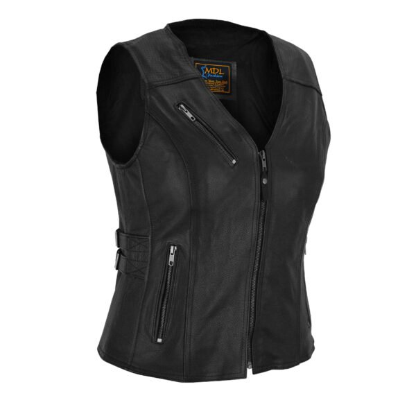 Women's Black Leather Motorcycle Zipper Buckled Vest #W6