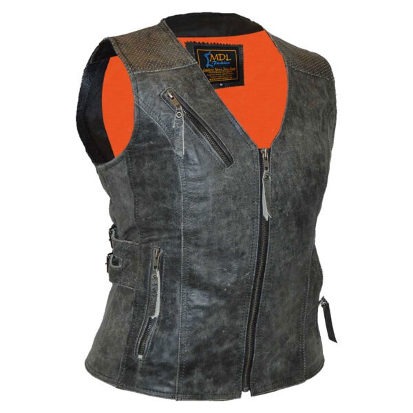 Women's Vintage Distressed Gray Cowhide Leather Motorcycle Vest #W7