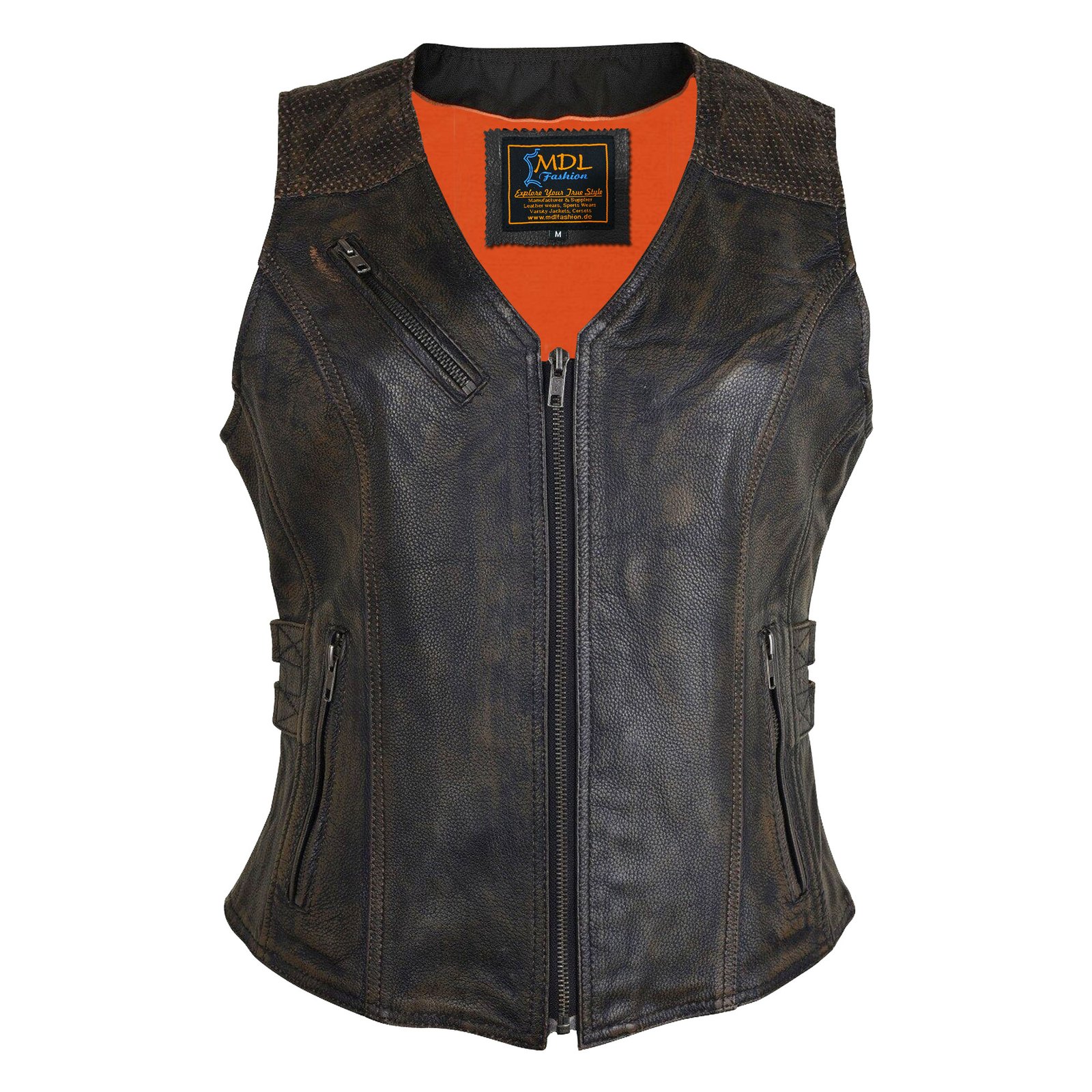 Women's Vintage Distressed Brown Cowhide Leather Motorcycle Vest #W8