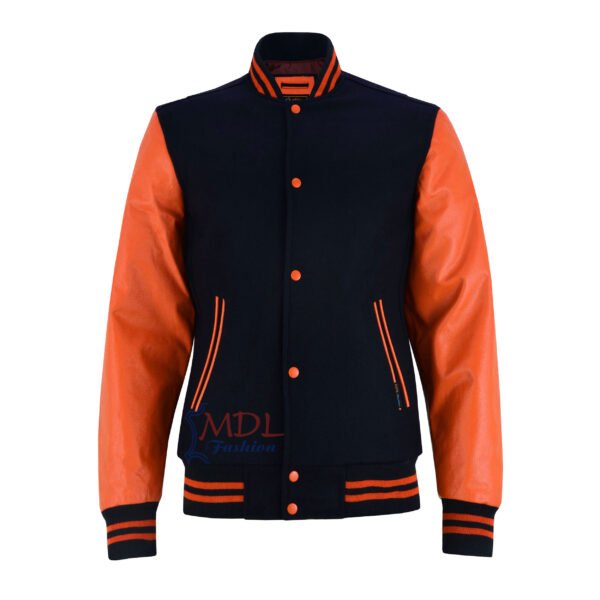 MDL FASHION Women Varsity Jacket Black Orange
