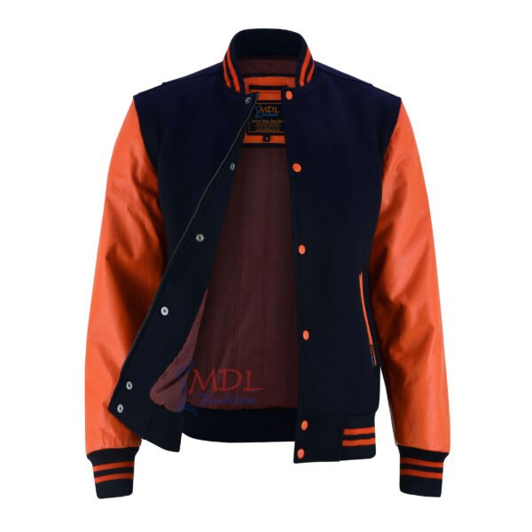 MDL FASHION Women Varsity Jacket Black Orange