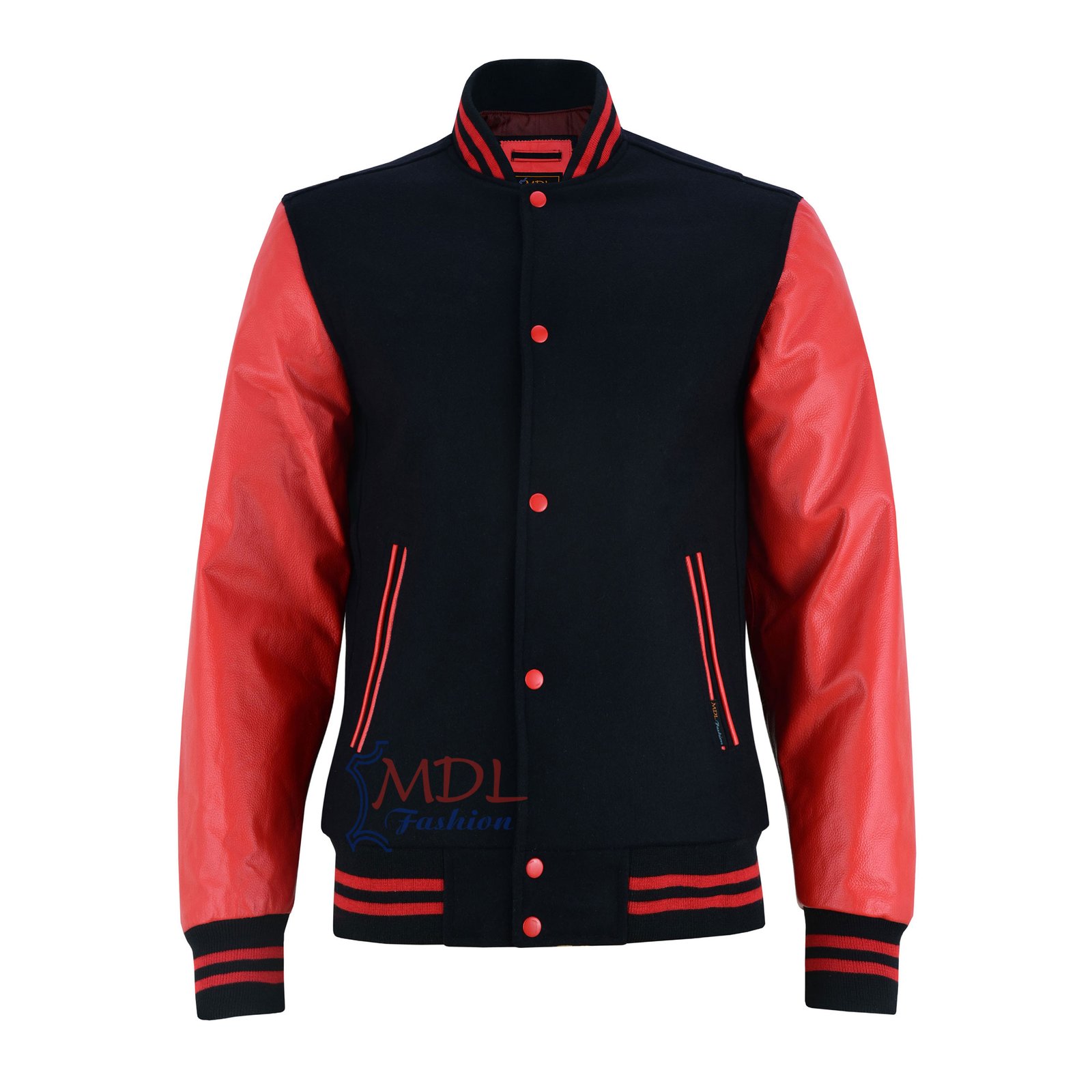 MDL FASHION Women Varsity Jacket Black Red